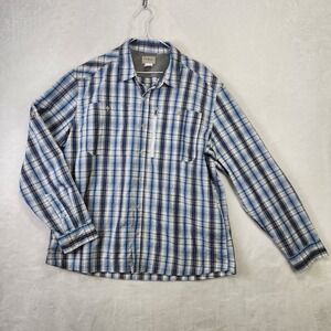 L.L.Bean Mens‎ XL Plaid Nylon Blend Fishing Shirt Blue Gray Roll Tab Pockets